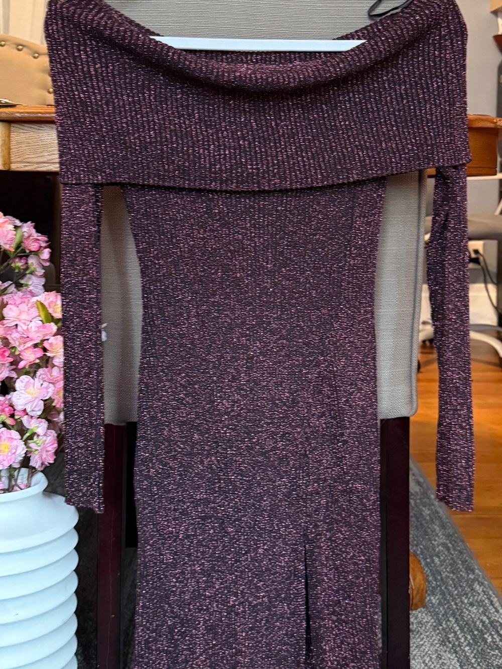 BCBGMaxAzria Off-the-Shoulder Sparkle Knit Dress in Plum